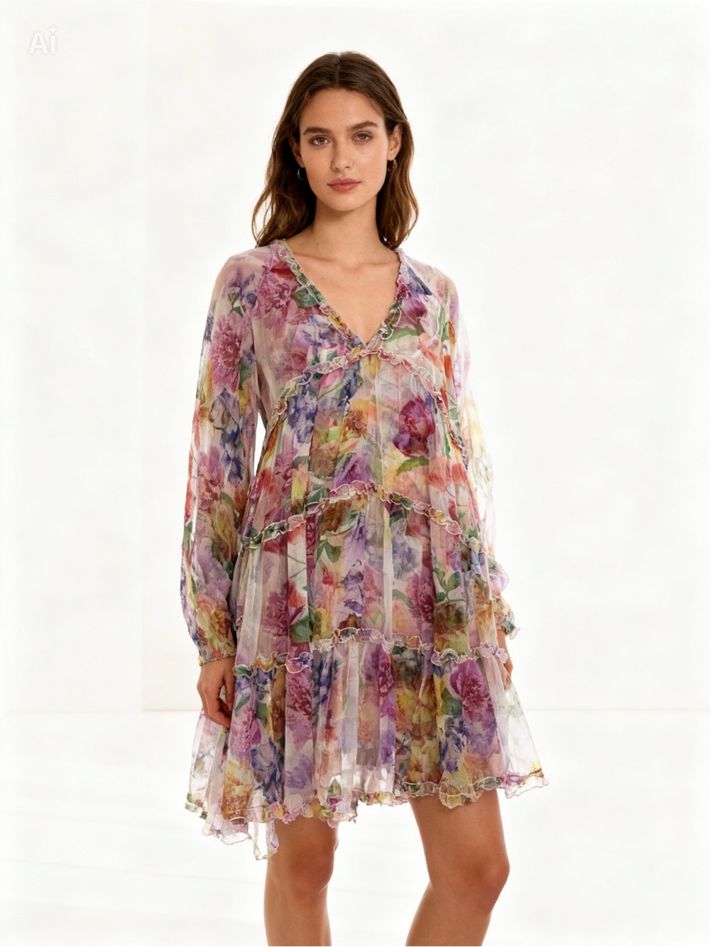 NWT! Johnny Was Floral Tiered V-Neck Mini Dress in Pastel Multi